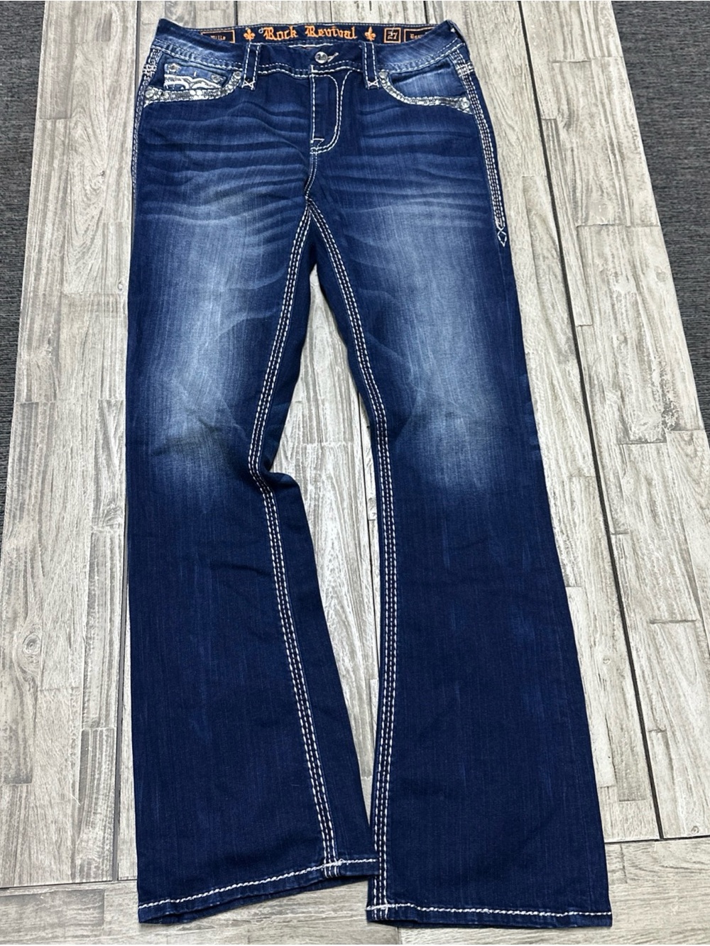 Y2K Rock Revival Eilis Bootcut Jeans Womens 27 Grunge Embroidered Pearls Washed